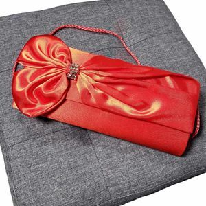 Jessica McClintock Red Satin Rhinestone Bow Shoulder Bag Clutch AS IS